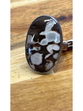 Peanut wood ring .925 sterling silver band petrified wood jasper black white